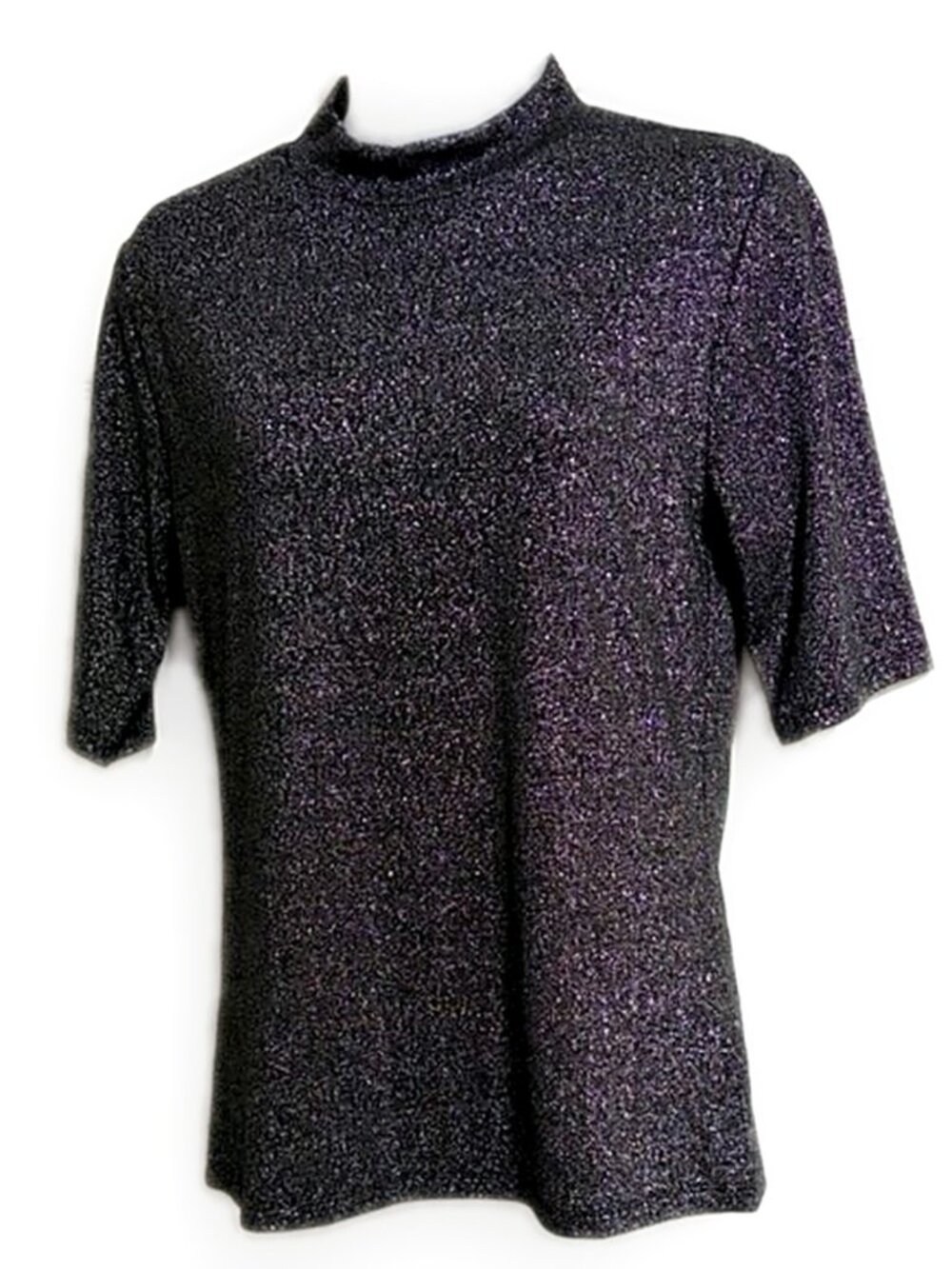 Skinnygirl Top Knit Metalic Mock Neck Short Sleeve Black Silver size Medium